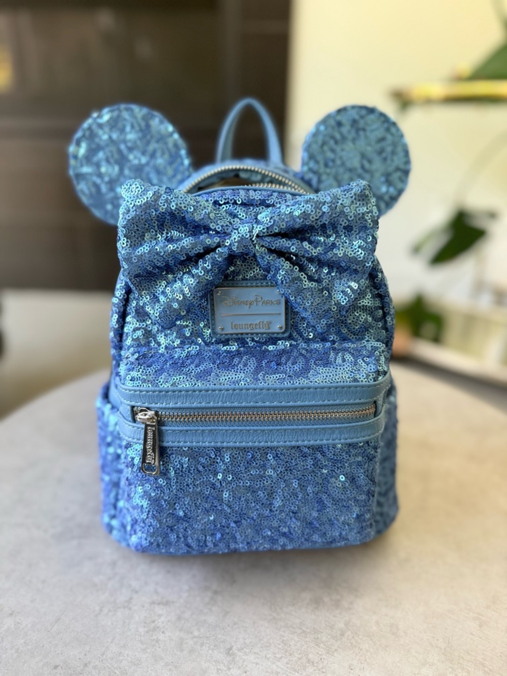 Loungefly Disneyparks Blue Sequin Minnie Ear Mini Backpack NWT